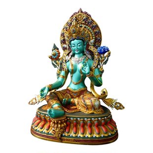 紫金莲 尼泊尔西藏工艺 藏传密宗彩绘绿度母纯铜手工錾刻