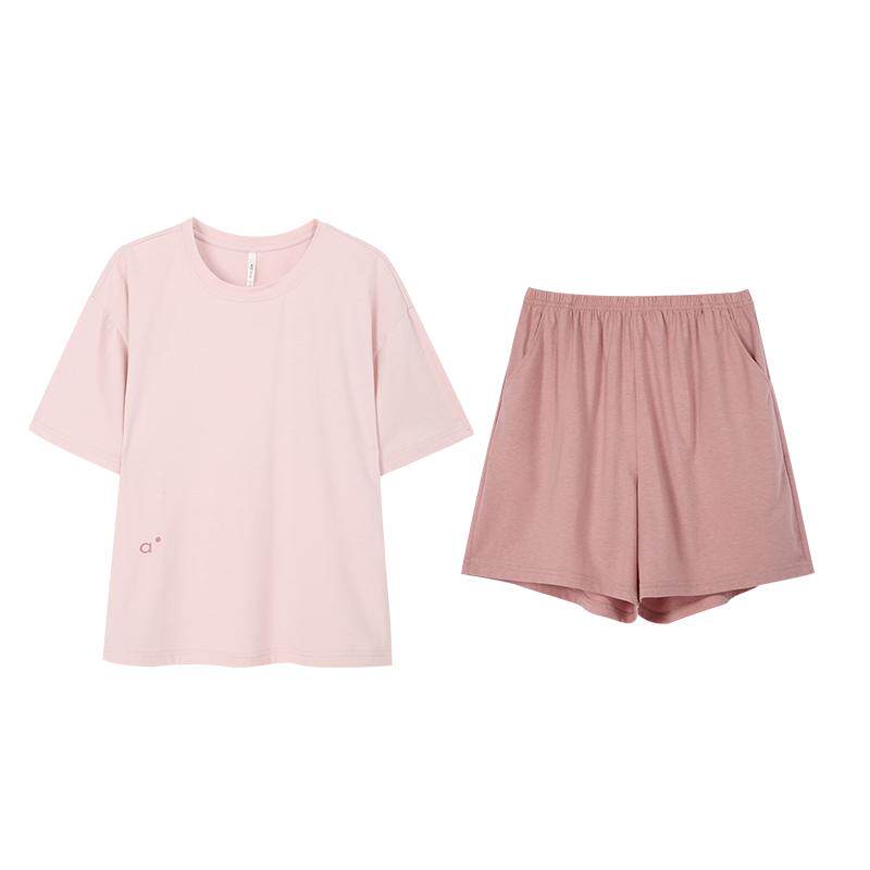 安之伴新款睡衣女夏季纯棉短袖短裤套装休闲宽松纯色圆领家居服