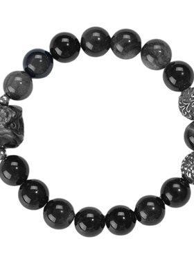 醒狮手串潮流貔貅招财手链天然黑曜石鹰眼石百搭送男友虎眼石活力