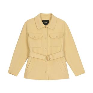 Maje2025春夏女装法式时尚羊毛混纺黄色系带收腰翻领短款毛呢外套