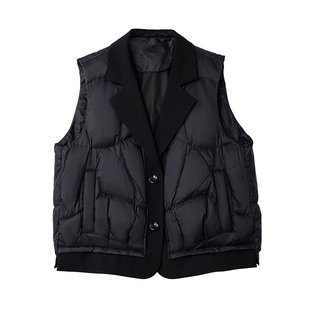 宝诗黎拼接西装领秋冬无袖外套女90白鸭绒羽绒马甲背心2025年新款