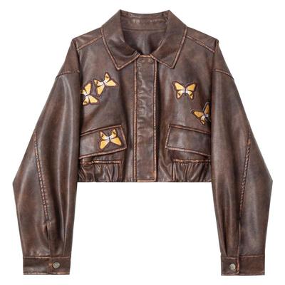 KEIKO巴恩风穿搭棕色短款皮衣女