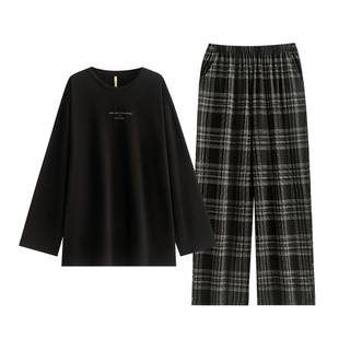 家乐芬睡衣男士春秋款纯棉长袖家居服格子黑色高级感套装四季通用