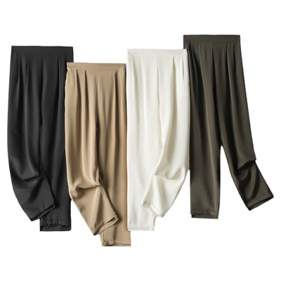 推荐！高密弹力重磅双皱窄版裤真丝纯色小脚裤长裤桑蚕丝休闲裤女