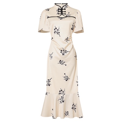 2025夏季新款新中式国风盘扣镂空印花优雅荷叶边改良旗袍鱼尾裙