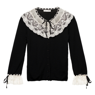 DOEN法式花边100%美利奴羊毛衫针织衫女春秋冬绝美修身小上衣开衫