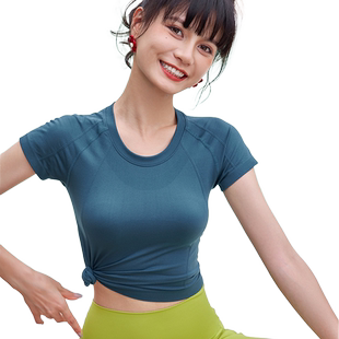 卡益瑜伽服女无缝一体织短袖健身上衣专业高端时尚普拉提训练服女