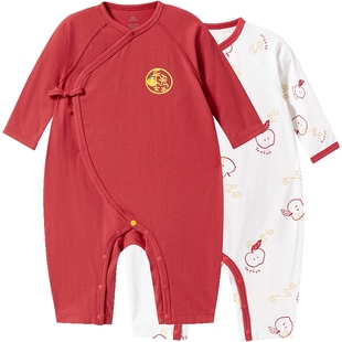 英氏婴儿连体衣满月衣服2件装哈衣纯棉宝宝秋冬过年新年喜庆红色