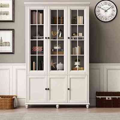 美式全实木三门书柜四五门组合白色落地带玻璃门书架白蜡木储物柜