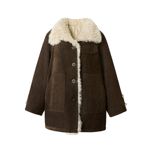 【荼蘼誓约】Uena棕色环保皮草内里后背抽绳长款宽松毛领棉服外套