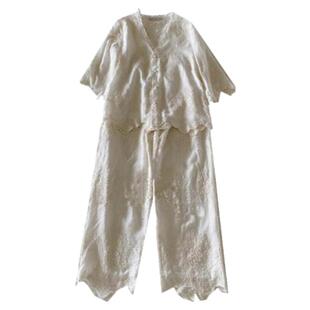 刘美人刘钰懿真丝绣花睡衣女宽松休闲长睡裤两件套装家居服可外穿