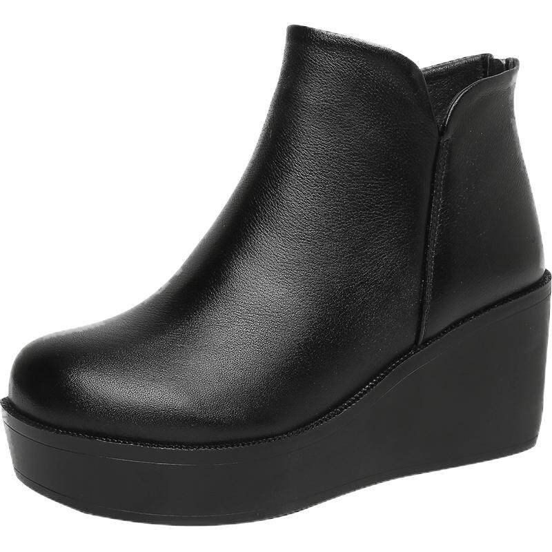 秋冬新款小众牛皮短靴女圆头休闲女靴厚底松糕底坡跟女单靴子高跟