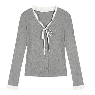 半甜主义假两件花边针织衫t恤女