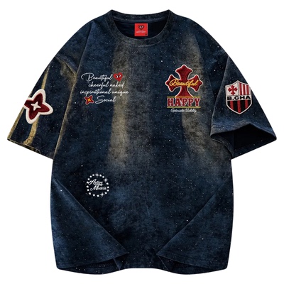 查尔斯桃心美式风扎染满天星短袖T恤男女情侣宽松圆领纯棉上衣