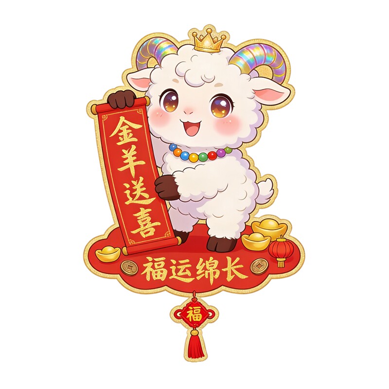 金羊送喜墙贴戴皇冠萌小羊贴画卷轴元宝中国结卡通福气装饰贴纸