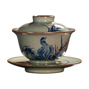 老泥料釉下青花三才盖碗手绘写意兰花竹子荷花景德镇纯手工泡茶碗