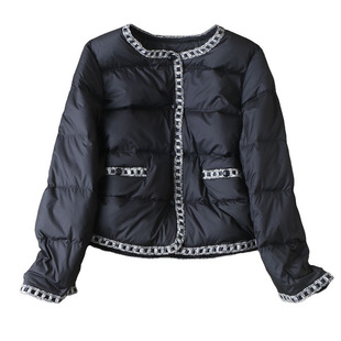 美貌温度并存~保暖蓬度高编织面料镶边圆领直筒显瘦羽绒服外套冬