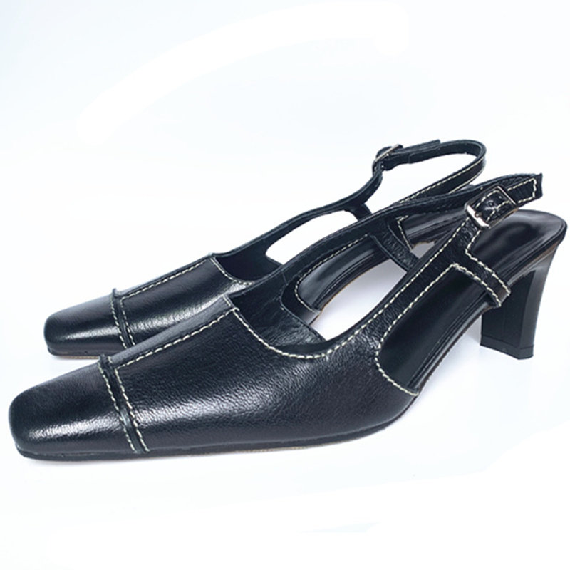 Barocco shoes复古古着中古vintage方头车线矮跟真皮包头秋款凉鞋