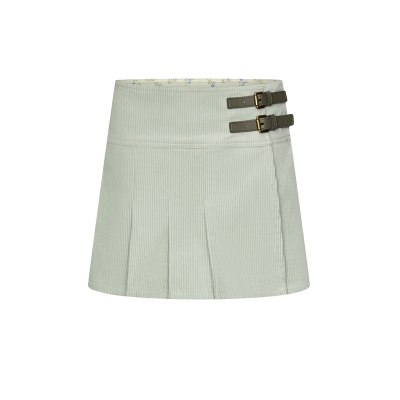 UR&DC2026春季新款粉彩风休闲灯芯绒皮带扣半裙条纹短裙压褶A字裙