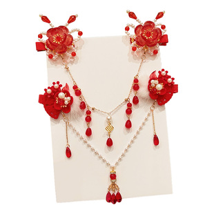 儿童新年发夹古风额头链流苏发饰喜庆红色发卡小女孩毛球花朵头饰