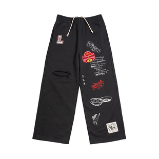 Liberty line25fw remake风格印花刺绣破坏水洗重磅宽松直筒卫裤