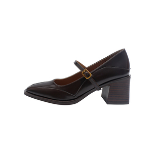 真皮~骄屿复古方头玛丽珍高跟鞋女2026新款通勤粗跟浅口粗跟单鞋