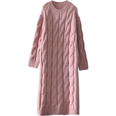cao级温柔粉红色~韩国东大门立体麻花棒针粗毛线厚过膝长款连衣裙