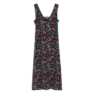 2026春新新款ZV法式碎花连衣裙女无袖V领蕾丝拼接长款开叉复古