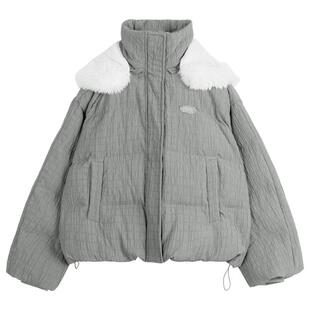 KEIKO [可拆兔耳朵帽]立体绉布灰色棉服女冬季可爱连帽加厚面包服
