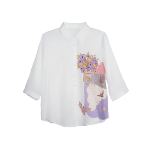 谜底白衬衫七分袖女士2025夏季新款通勤风印花合体衬衣256MC6246
