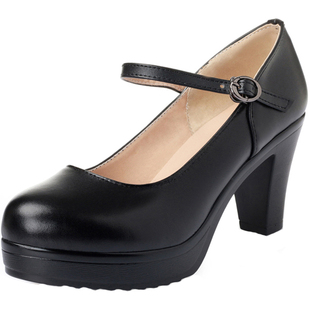 圆头浅口女鞋粗跟走步演出鞋高跟走秀模特鞋防水台职业皮鞋女单鞋