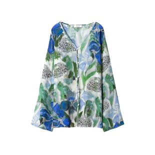 一丝牵 真丝衬衫女多巴胺海边度假桑蚕丝双绉印花上衣女装衬衣春