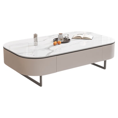 奶油风实木岩板茶几小户型