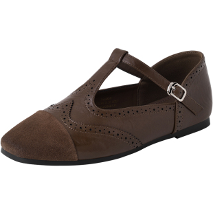 reemoor睿慕复古方头英伦风T字带玛丽珍鞋女平底浅口单鞋镂空