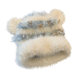 可爱小熊耳朵条纹毛绒帽子女士冬季加厚保暖毛线针织帽大头围冷帽