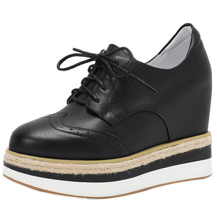 12cm公分小白鞋布洛克系带休闲厚底显瘦女单鞋超高跟鞋小个子女鞋