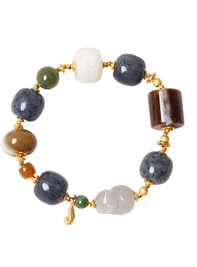 天然和田玉青花籽料搭配糖料原创款手链 女款玉石设计款手串饰品