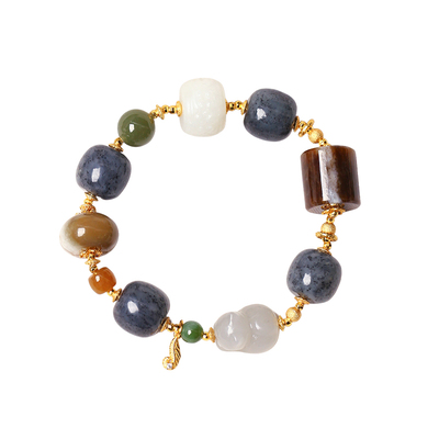 天然和田玉青花籽料搭配糖料原创款手链 女款玉石设计款手串饰品