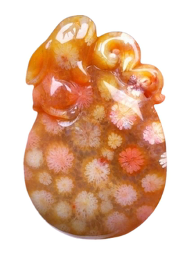 天然珊瑚玉吊坠冰透彩花雕刻挂件