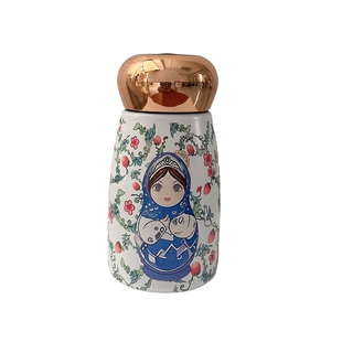 俄罗斯风套娃图蘑菇316不锈钢智能显温度保温保冷杯230毫升儿童杯