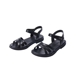 美格新女童凉鞋夏季牛皮真皮儿童公主凉鞋露趾软底中大童黑色儿童