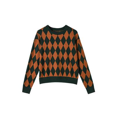 CHESONSE休闲菱格拼色羊毛针织衫