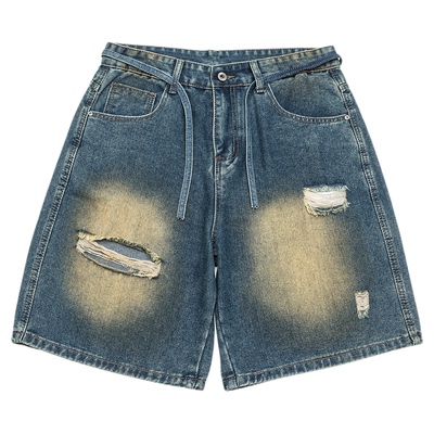 GOGOSOON夏季新款牛仔短裤男420g美式高街做旧破洞宽松五分裤潮Q