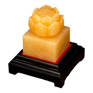 米黄玉莲花印刻字定制玉石印章摆件桌面客厅装饰工艺品款