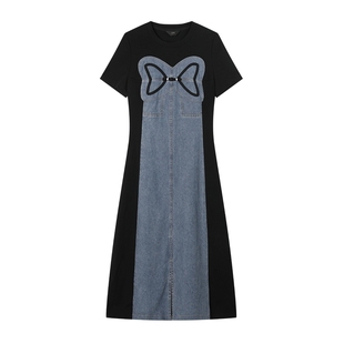 白鹿语设计感针织拼接牛仔25夏款圆领蝴蝶结修身长款短袖连衣裙女