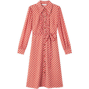 LK BENNETT红色格子连衣裙女春新款长袖法式气质收腰衬衫长裙