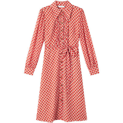 LK BENNETT红色格子连衣裙女春新款长袖法式气质收腰衬衫长裙