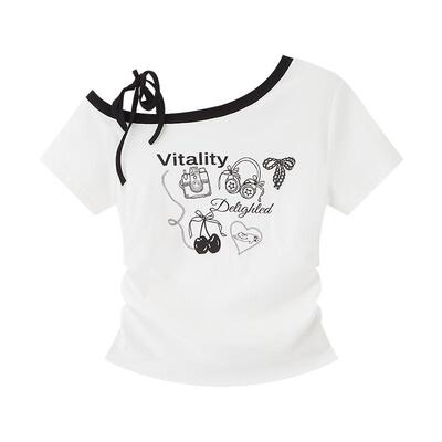 三福斜肩短袖女2026新款夏季趣味印花褶皱收腰显瘦时尚上衣女装