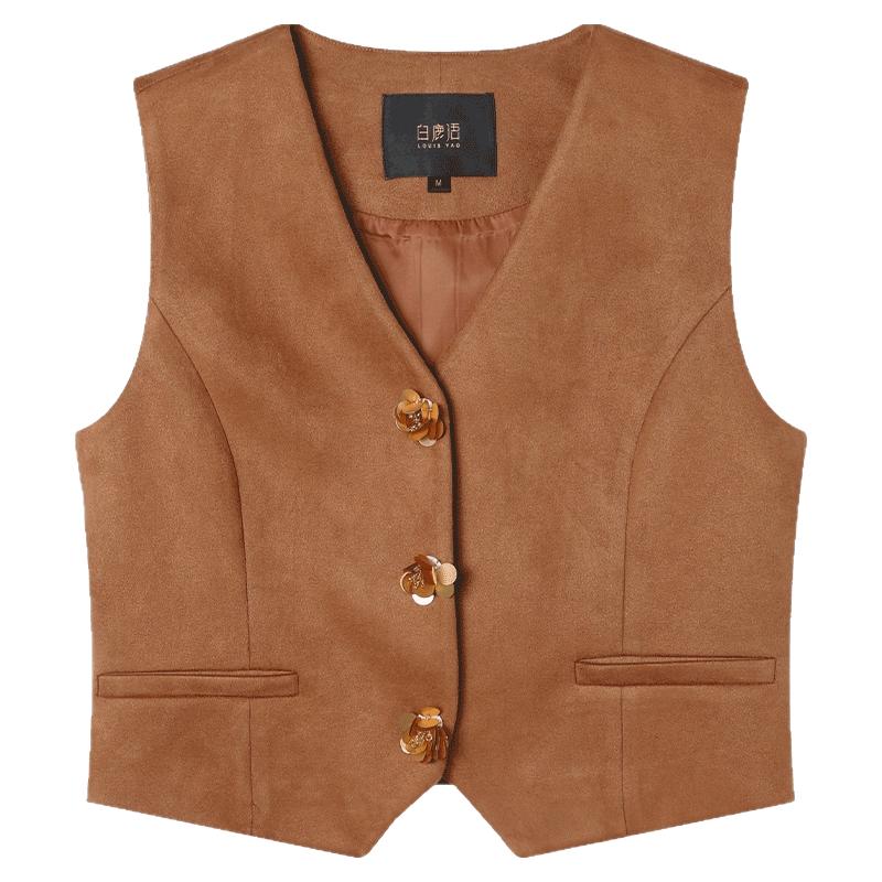 白鹿语复古麂皮绒马甲25秋新款设计感亮片花朵百搭叠穿马夹背心