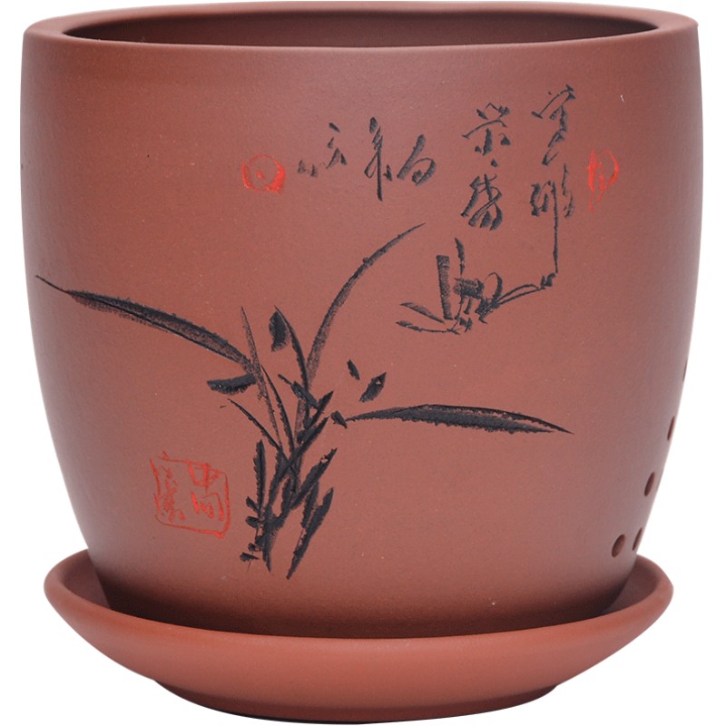 紫砂花盆带托盘盆景盆绿植室内吊兰绿萝兰草文竹发财树君子兰花盆